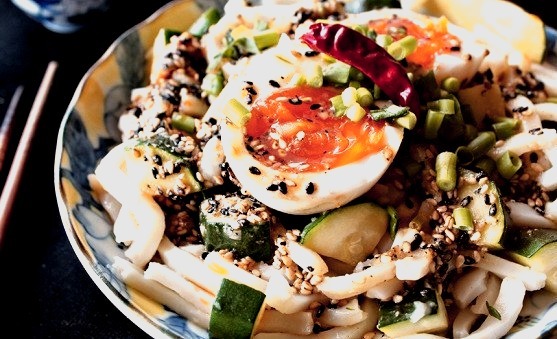 Sauteed Zucchini and Udon with Toasted Sesame Miso Dressing and Softboiled Egg