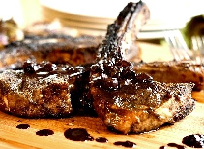 Coffee Rubbed Lamb Chops with Blueberry Balsamic Reduction