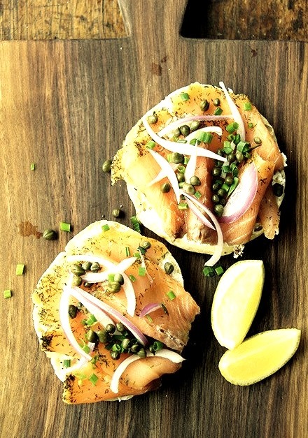 Bialy with Cream Cheese, Gravlax, Capers, Onions and Lemon