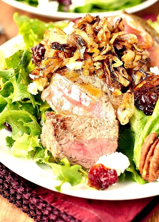 Steak Salad with Shallots, Dried Cherries, Pecans and Goat Cheese