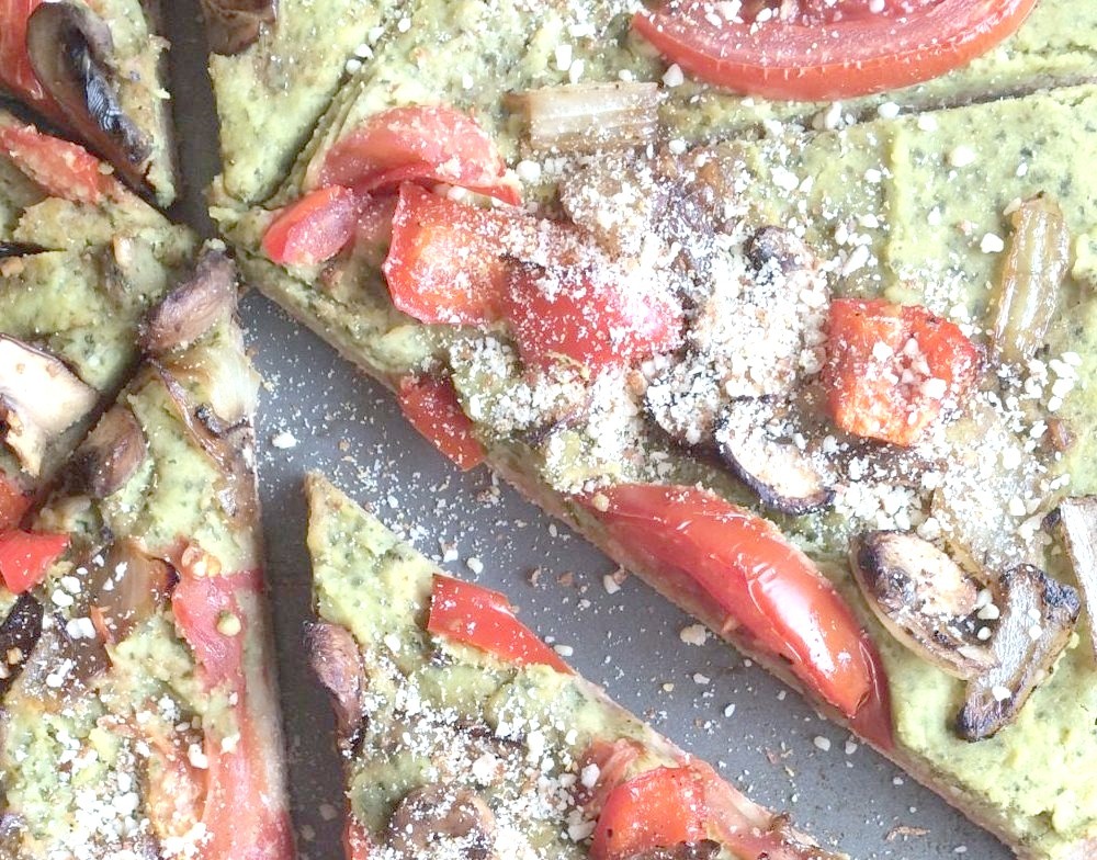 (via Basil Hummus Pizza with Sauteed Veggies and Almond Parmesan Cheese The Conscientious Eater)