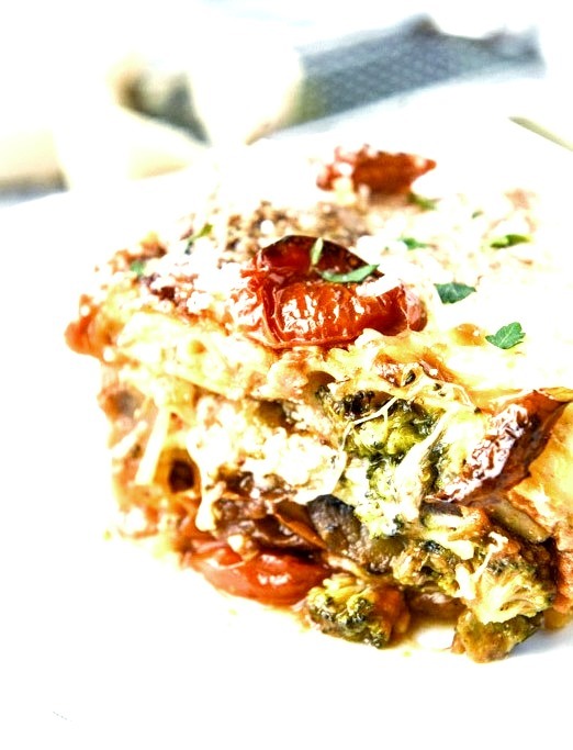 roasted vegetable lasagna with burrata.